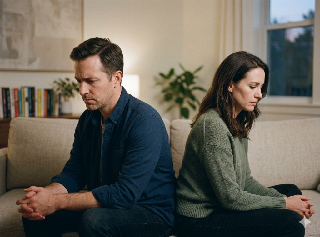 A man and woman sit apart on a couch, both looking down, conveying emotional distance and disconnection in a relationship.
