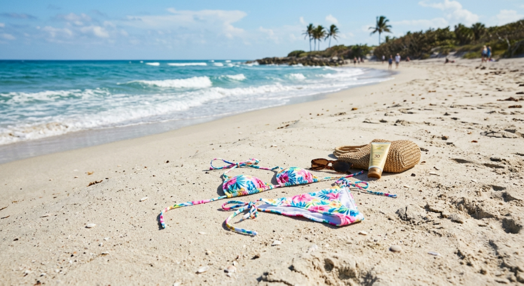A folded bikini and sun hat left alone on empty beach sand, ocean and palm trees in the background